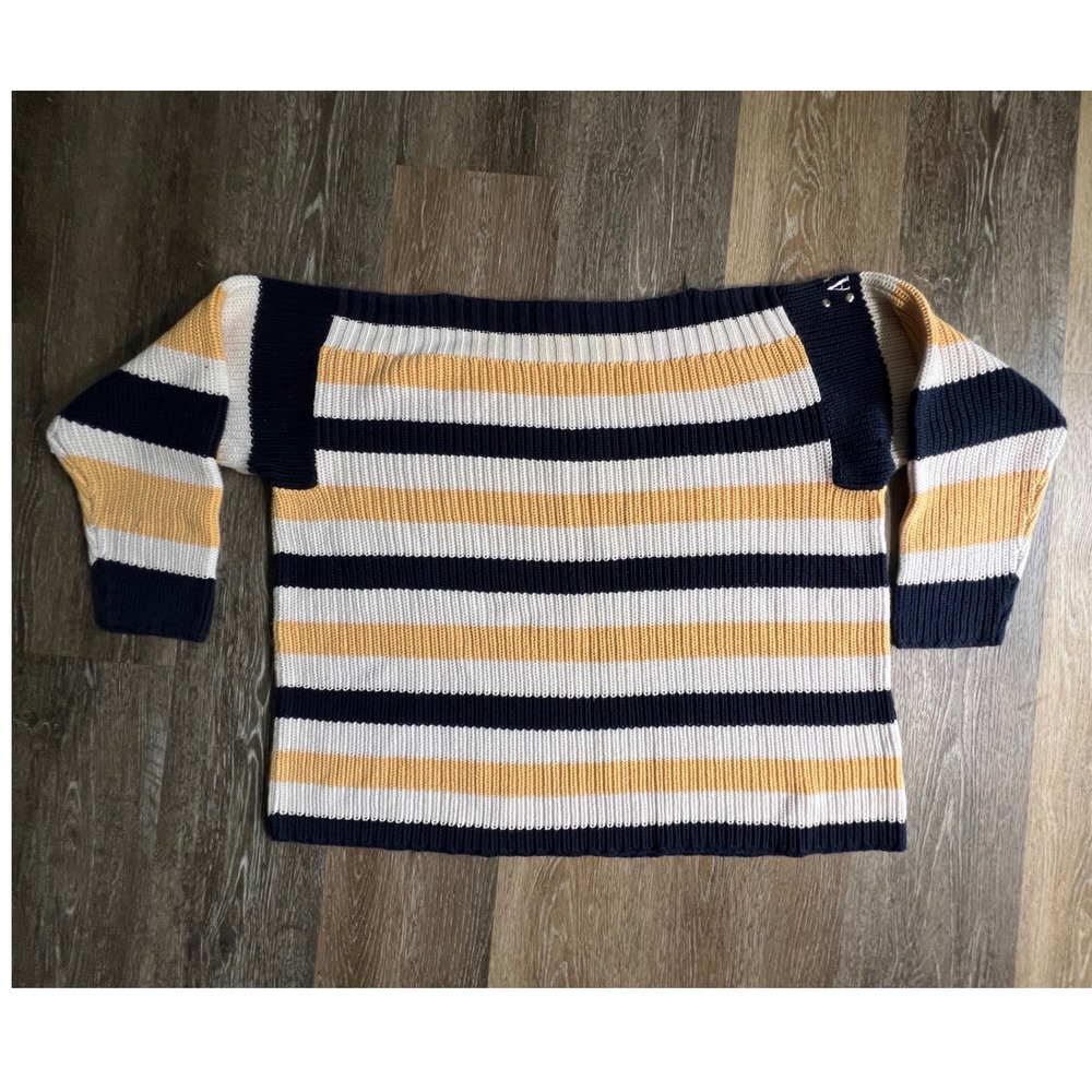 Adrienne Vittadini Sweater Womens Large Navy Blue White Yellow Striped Boat Neck